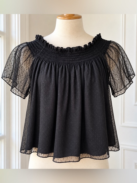 Zara Tops - Zara Trafaluc S Black Swiss Dot Sheer Puff Sleeve Smocked Boho Blouse Cottage